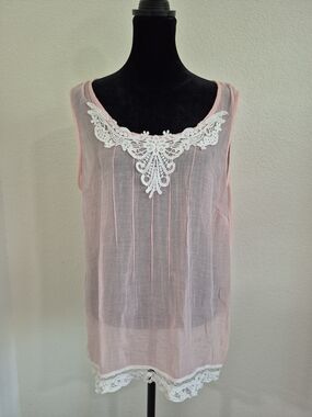 Light Pink Lace Trim Sleeveless Sheer Top